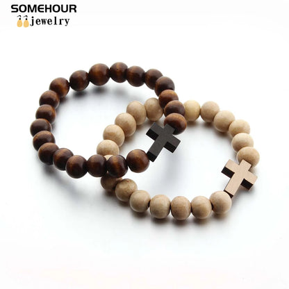 Wood Bead Cross Necklace & Bracelet Set – Religious Accessories for All