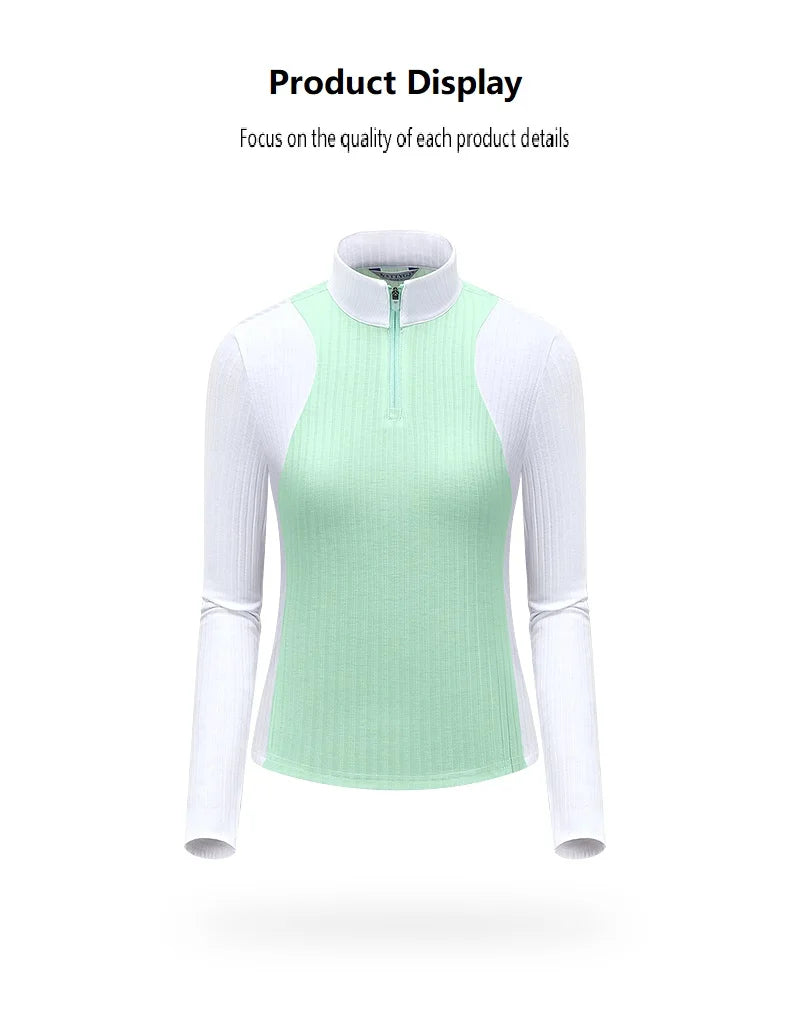 TTYGJ Autumn Spring Golf Clothing Women Contrast Color Golf Base Shirt Ladies Zipper Collar Soft Tops Slim Casual Sportswear