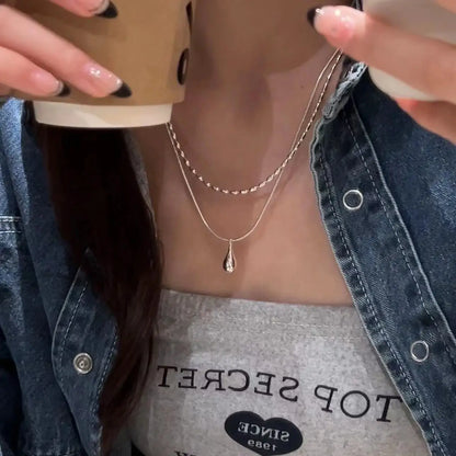 Silver Drop Pendant Necklace, Long Layered Double Collar Chain for Women