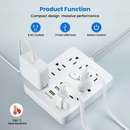 Power Strip With Surge Protector, 3 USB Ports, 5ft Cord, White