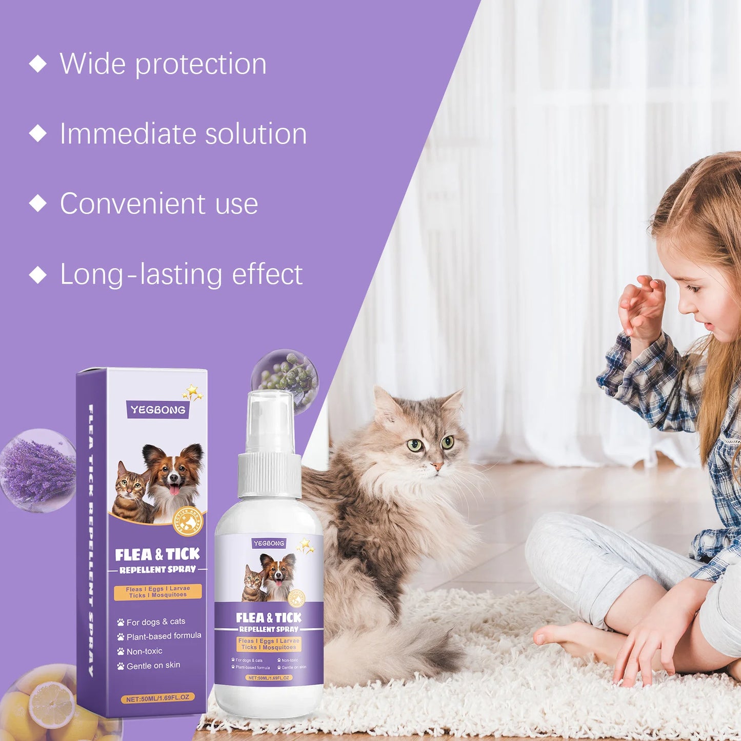 YEGBONG 50ml Flea Tick Prevention Spray for Dogs and Cats Fast Acting Waterproof Outdoor Protection with Natural Essential Oils