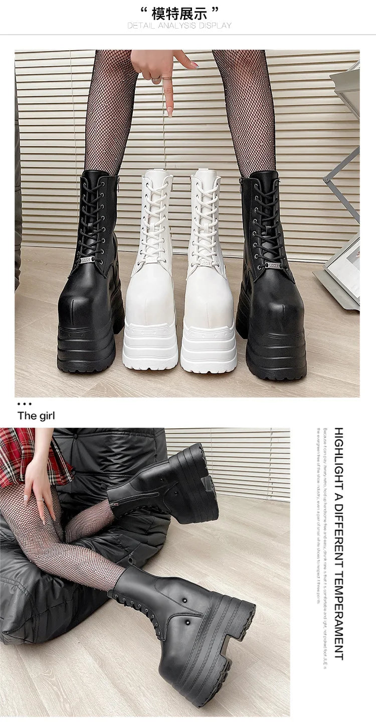 Height Increasing Women's High Boots Black Leather Thick Bottom Platform Shoes Side Zip Gothic Punk Short Boots Street Style