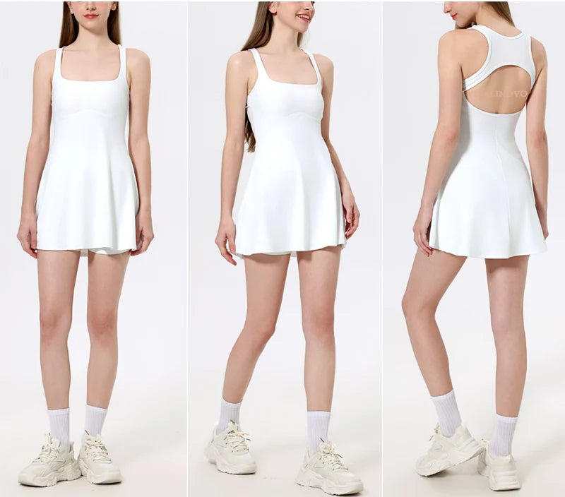 VITALINOVO Square Neck Womens Two Pieces Tennis Dress with Shorts Open Racerback Built-in Bra Workout Athletic Golf Dresses