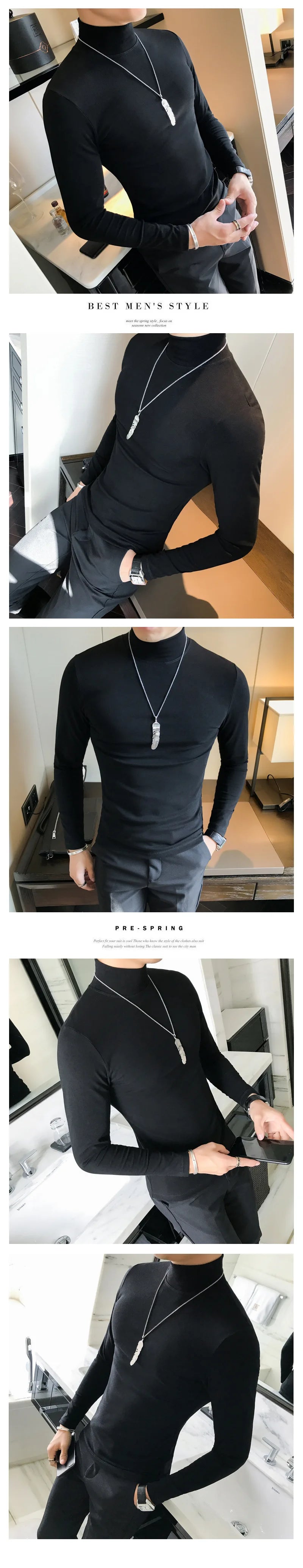 Spring New Men's Turtleneck T-shirt Long Sleeve Slim Fit Solid Color High Elastic Bottoming Pullovers Basic Style Male Tops