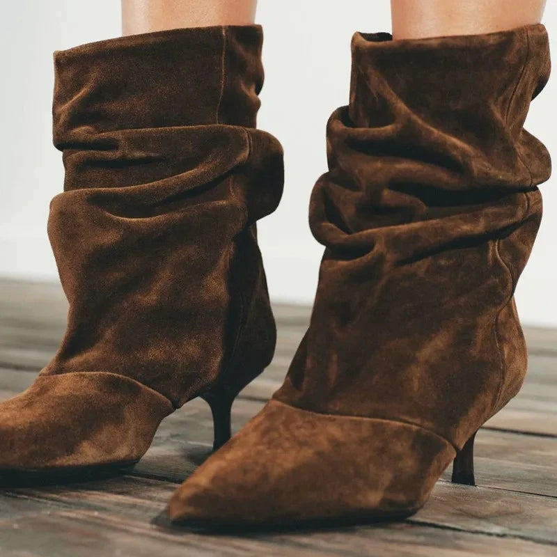 Suede Winter Women High Boots Pointed-Toe Pleated Short Boots Female Brown Retro Elegant Designer Ankle Boots Bottes Femmes