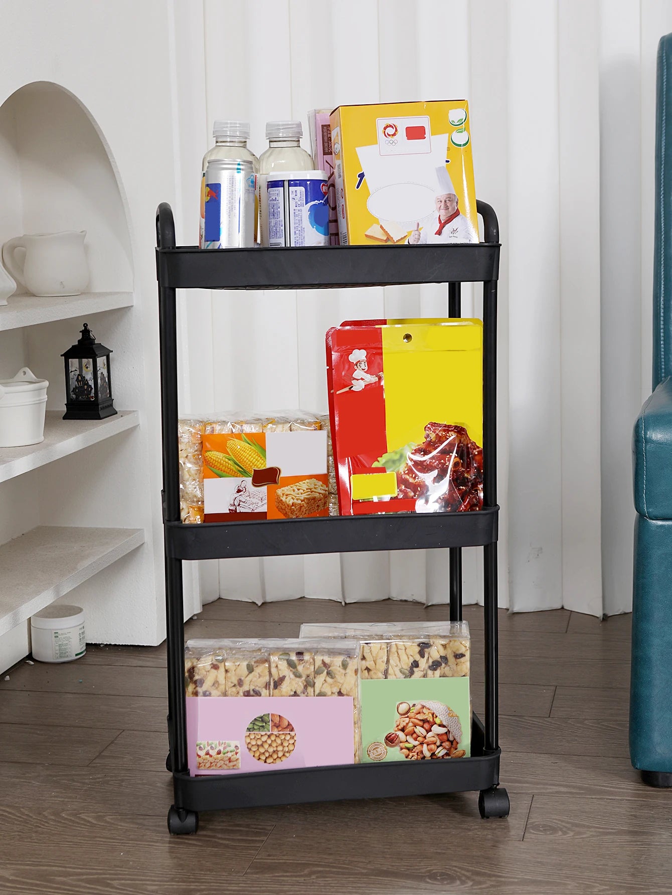 Plastic Rolling Utility Cart with Handle Storage Trolley for Office, Living Room, Kitchen, Movable Storage Organizer with Wheel