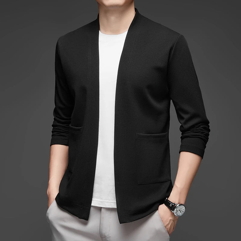 New Men's Business Casual Long Sleeved Solid Color Cloak Jacket Knitted Comfortable and Fashionable All Season Versatile Top