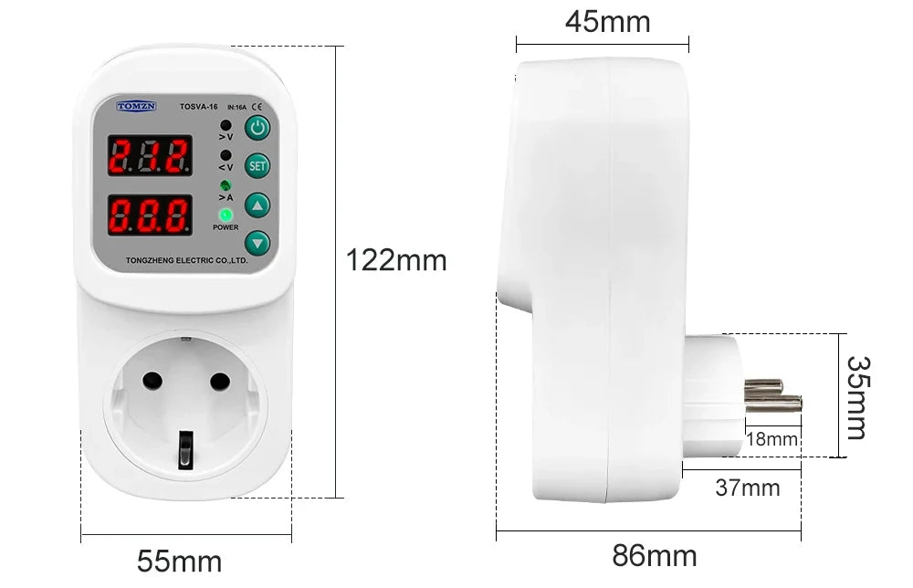 TOMZN Automatic Voltage Current Protector Socket AC110V 220V Adjustable 1-16A Power Surge Protector EU Plug Socket TOSVA-16
