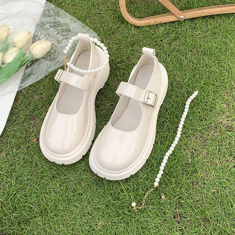 Women's Luxury Beaded Mary Jane Leather Shoes Spring/Autumn Fashion Comfortable Elegant Flat Black Walking Shoes Zapatos Mujer