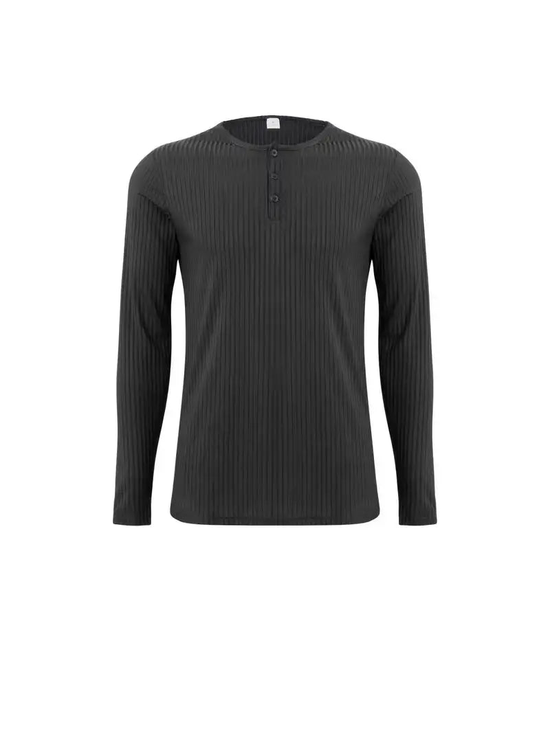 Autumn Men's Collarless Breasted Henry Shirt Top Fitness High Stretch Base Shirt Solid Color Plus Size Casual Long Sleeve