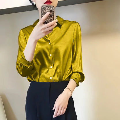 Satin Long Sleeve Blouse For Women Button Front Turn Down Collar Solid