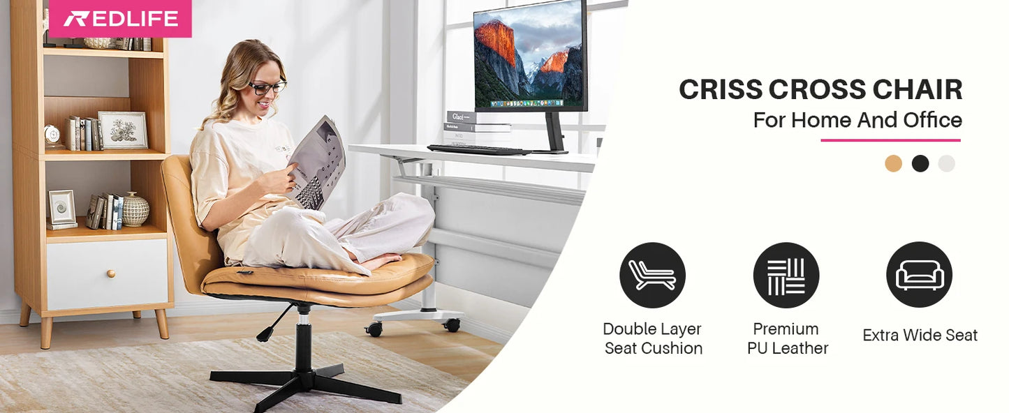 Redlife Criss Cross Chair with Rotating Adjustable Legs Office Chair Durable Pu Leather Wrapped Double Cushion for Home & Office