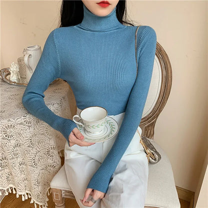 Women's Foldover Turtleneck Ribbed Knit Sweater Long Sleeve