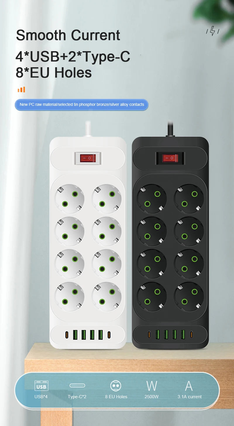 EU Plug 3-Outlet Power Strip With USB Surge Protector 2m Extension Cord Plastic