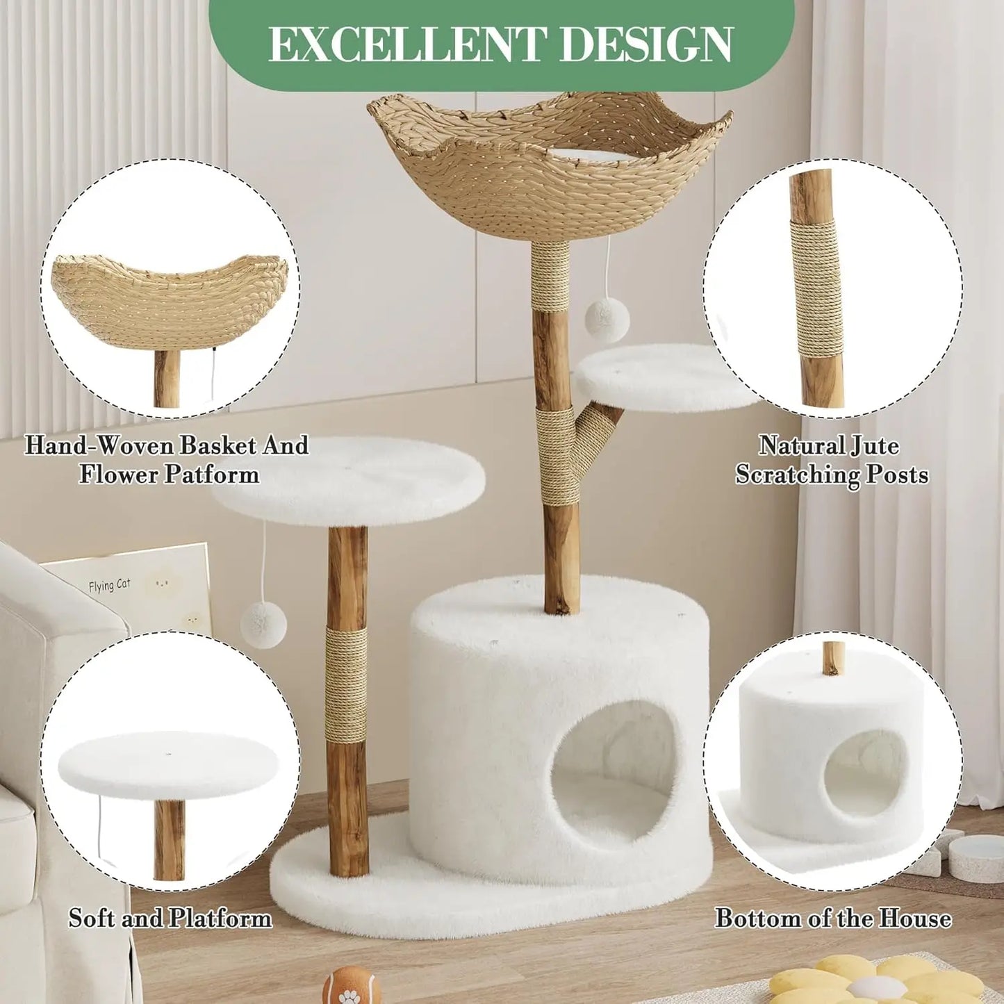 Cat Tree for Large Cats, Wood Cat Tower with Rattan Basket and Platform, Luxury Condo & Perches,Climbing Tree House for Cats