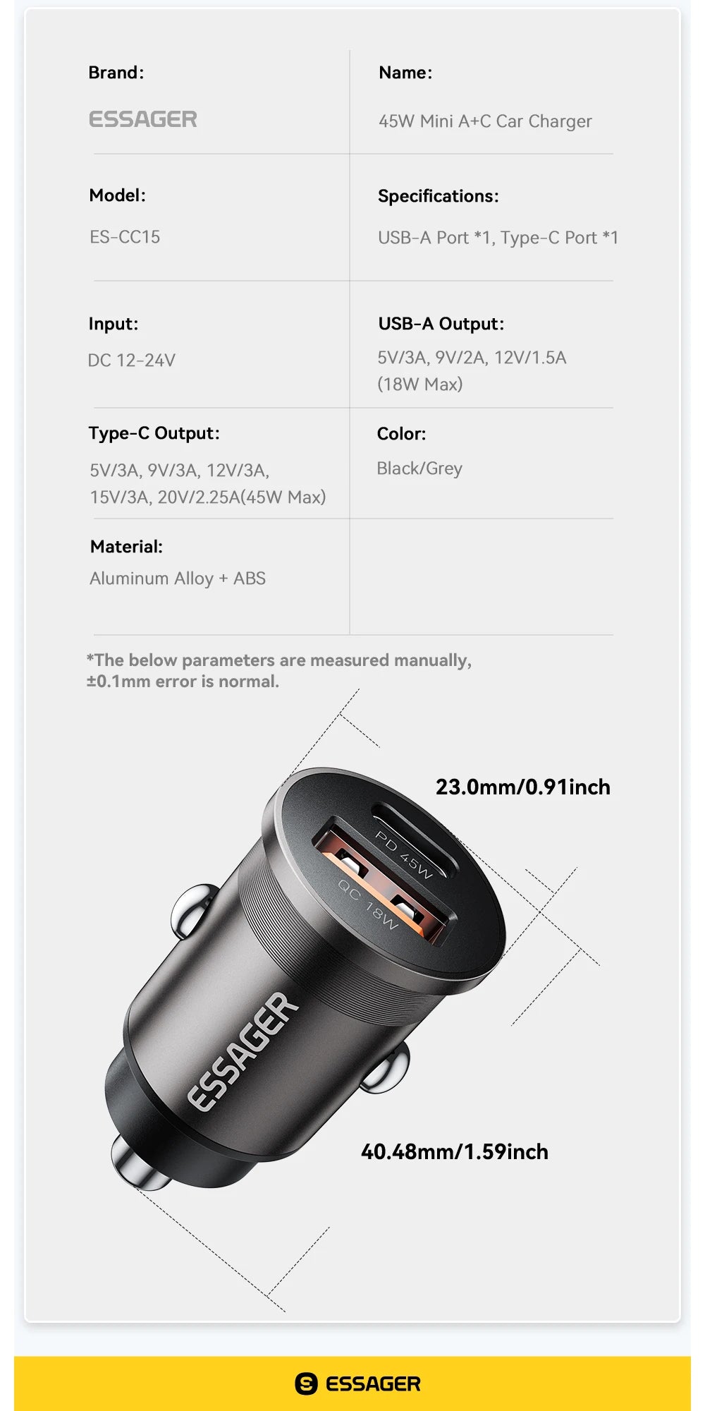 Essager 45W Mini USB Car Charger QC 3.0 PD 3.0 SCP AFC USB Type C Car Mobile Phone Charger For iPhone Huawei Samsung Xiaomi iPad