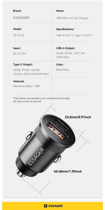 45W USB Type-C Car Charger With QC 3.0 PD 3.0 SCP AFC