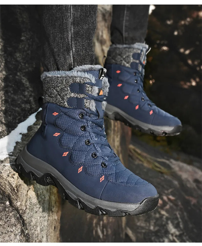 Men's Winter Snow Boots Leather Waterproof Mid-Calf Plush Lining Lace-Up