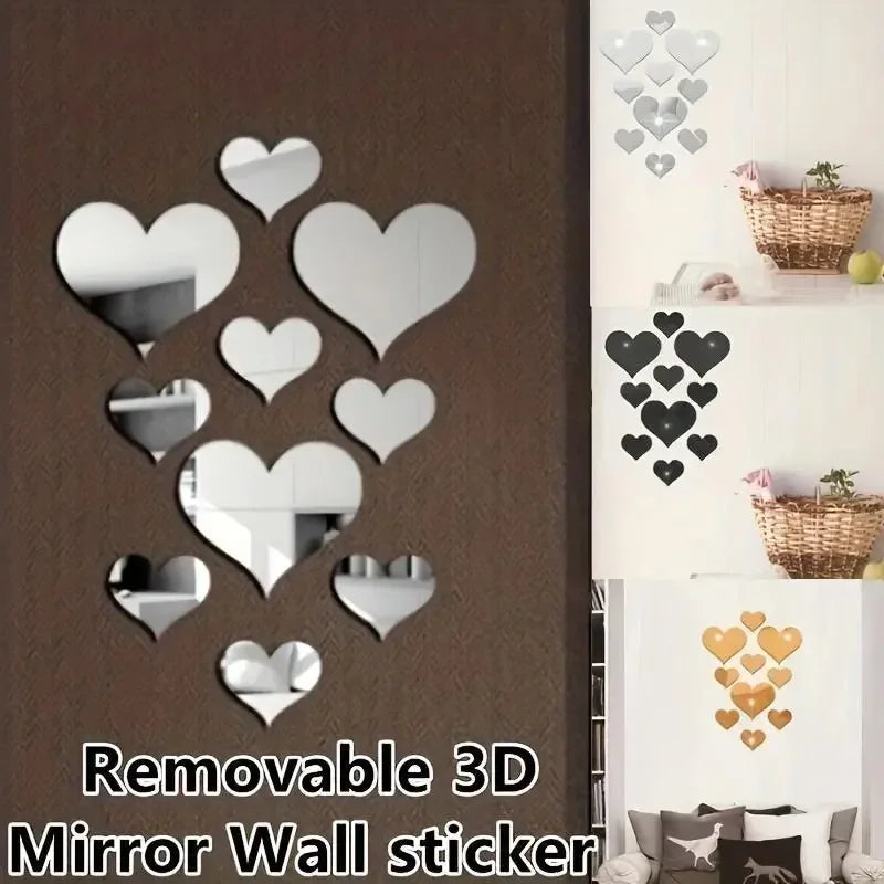 3D Love Hearts Mirror Wall Sticker Decal Removable Wall Art 1 Set