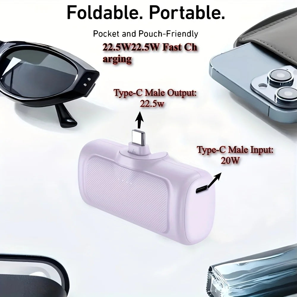 22.5W Fast Charging, 5000mAh Mini Portable Charger, USB-C Mobile Power, Universal Compatibility, USB Type-C, Dual Power Mode.