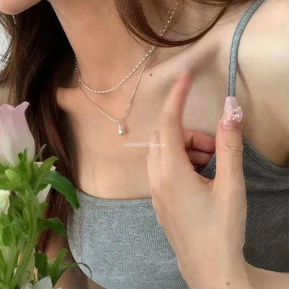 Silver Drop Pendant Necklace, Long Layered Double Collar Chain for Women