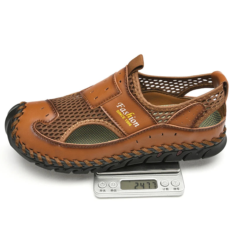 Men's Breathable Leather and Mesh Sandals with Elastic Band
