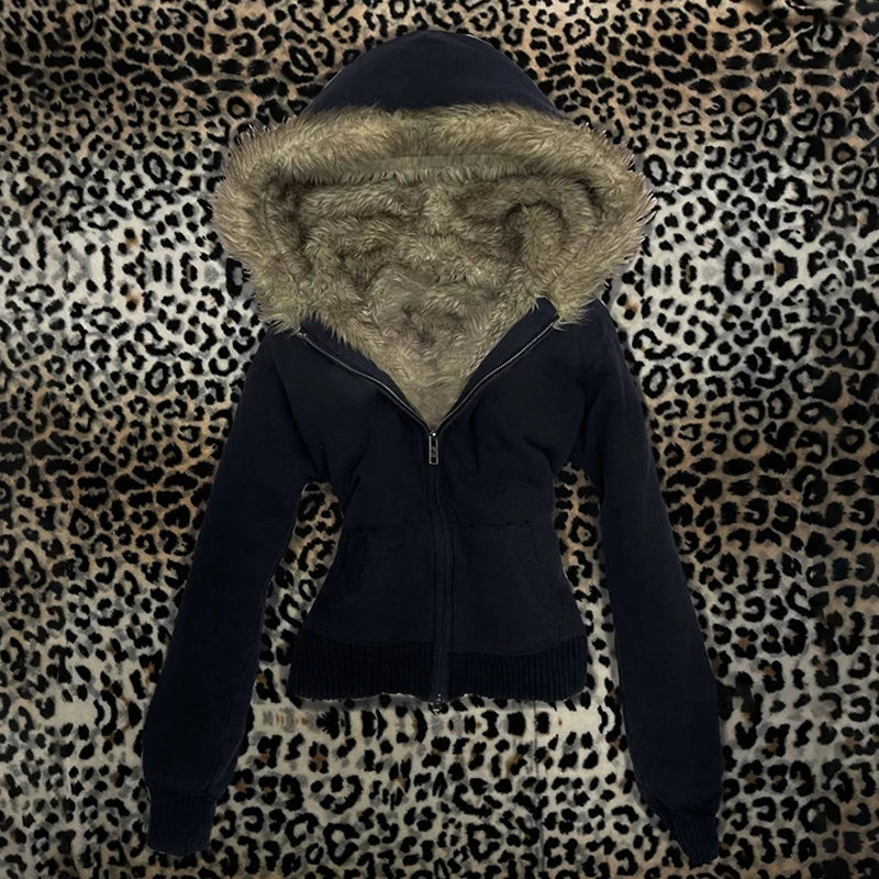 Y2K Harajuku Aesthetic Women's Fur Collar Hoodie Sexy Slim Chic Casual Solid Color Cardigan Sweatshirt Goth Punk Rock Streetwear