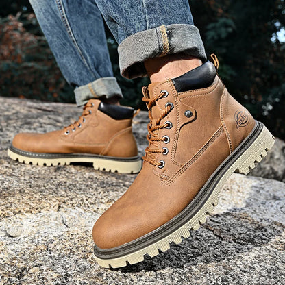 Leather Men Work Boots Mid Calf Ankle High Top Non Slip