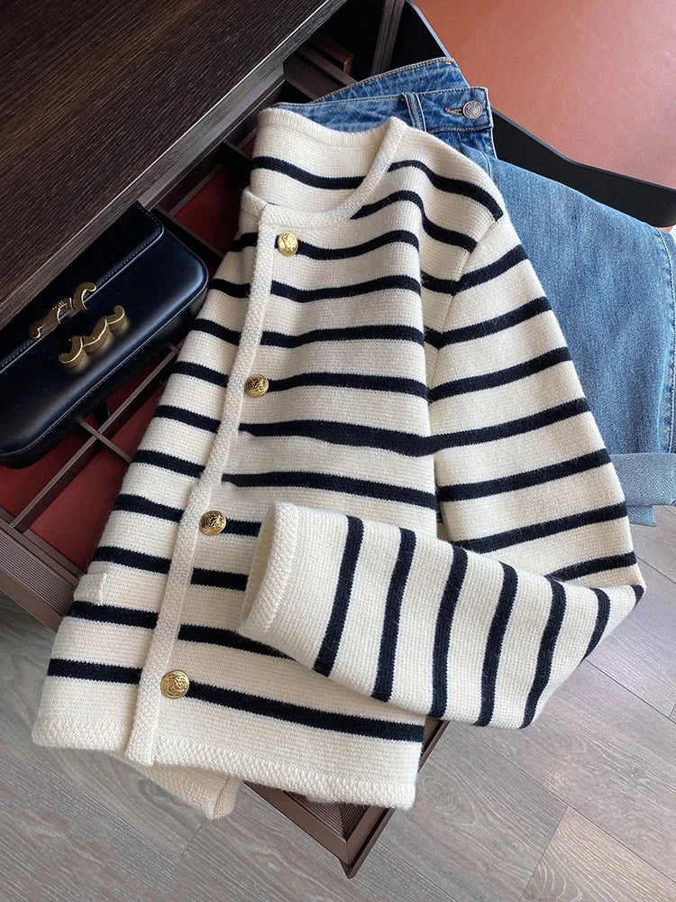 AOSSVIAO New 2025 Women Spring Autumn Sweaters O-neck Stripe Knitted Cardigan Fashion Long Sleeve Casual Short Tops Korean Style