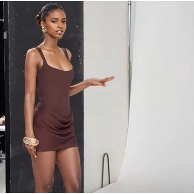 Women Square-neck Halter Mini Dress Sexy Pleated Sleeveless Backless High Waist Bodycon Dresses 2025 New Summer Lady Party Robes