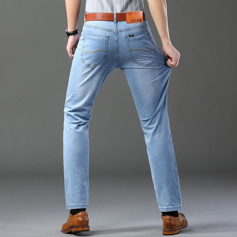 Men's Denim Jeans Straight Leg Stretch Black Sky Blue Gray