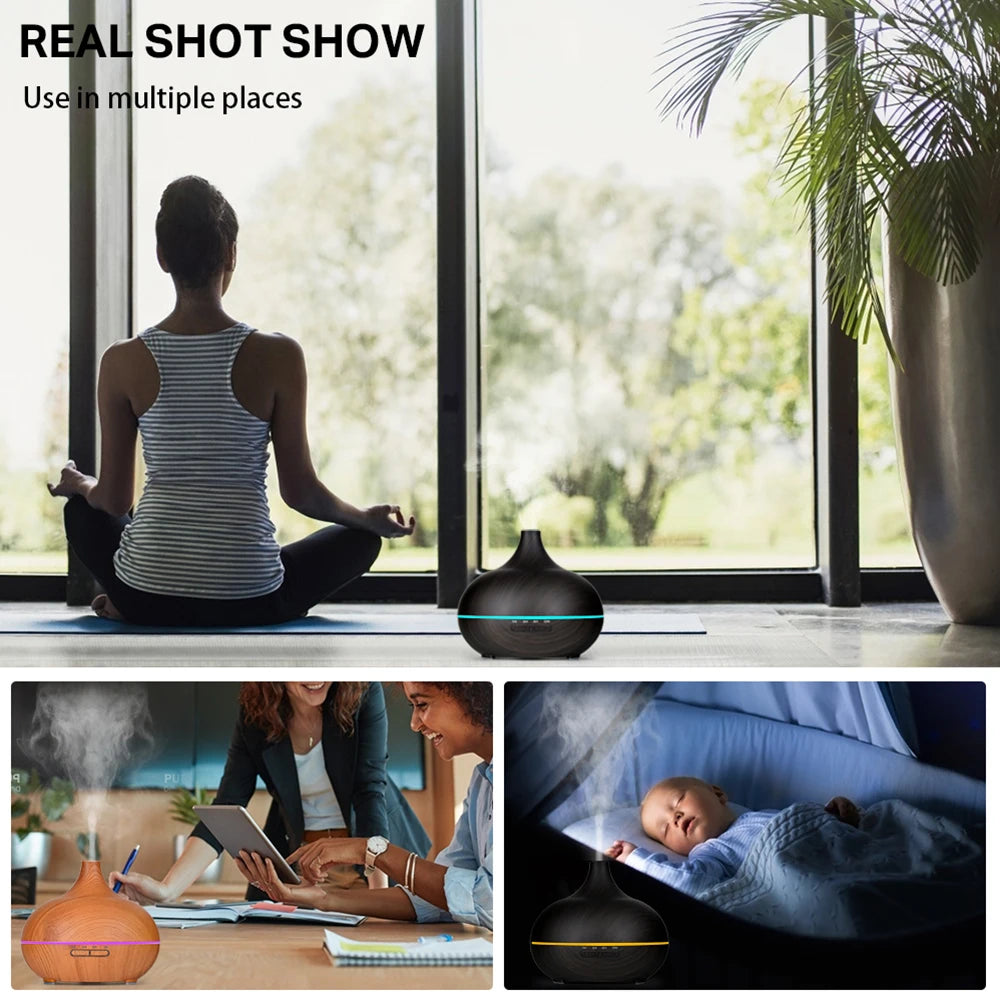 Aromatherapy Essential Oil Diffuser Wood Grain Remote Control Ultrasonic Air Humidifier Cool with 7 Color LED Light