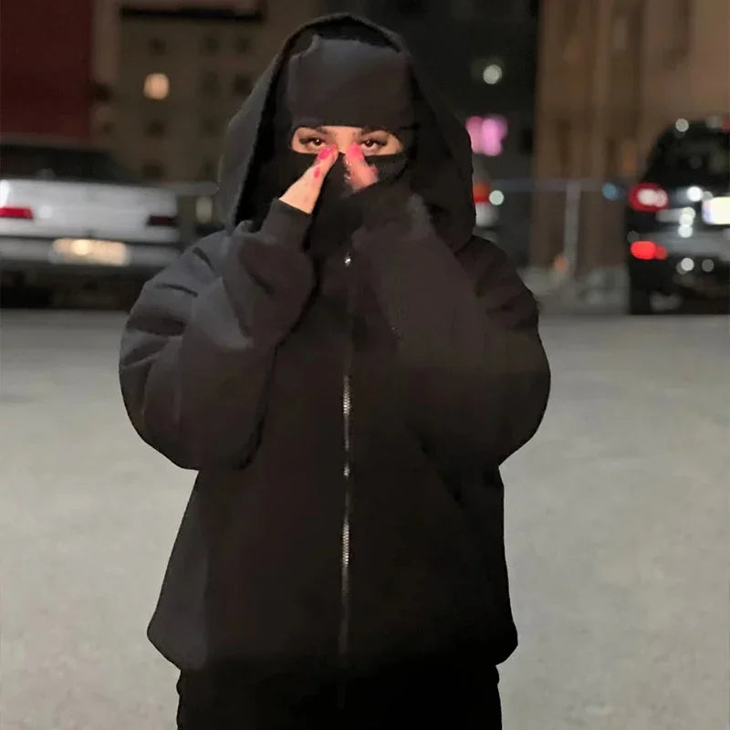 Men and women Balaclava Y2K Gothic Harajuku winter new item double hooded sweatshirt men's hooded mask zipper sportswear