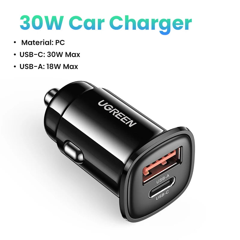 UGREEN Car Charger Type C Fast USB Charger for iPhone 17 16 15 Xiaomi Car Charging Quick 4.0 3.0 Charge Mobile Phone PD Charger