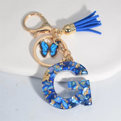 AZ Letter Keychain With Blue Stone And Butterfly Tassel Pendant