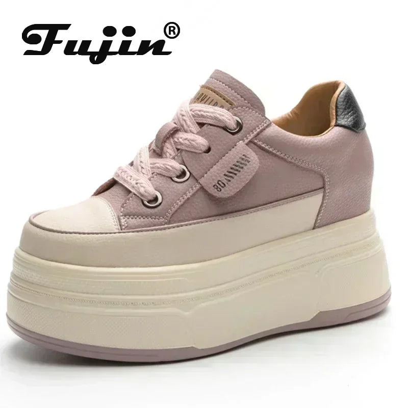 Fujin 9cm 3 inch comfortable platform sneakers for women Genuine Leather Women Vulcanized Shoes Platform High Heels Casual Shoes