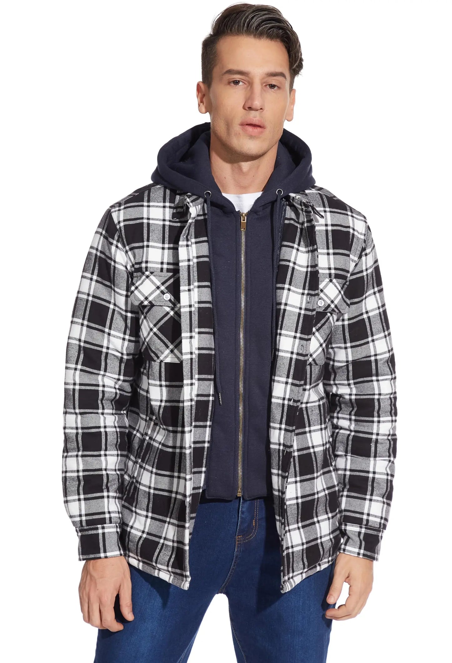 TACVASEN Men's Flannel Shirt Jacket with Removable Hood Plaid Quilted Lined Winter Coats Thick Hoodie Outwear Man Fleece Shirts