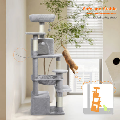 Cat Tree Tower With Five Levels, Wood Frame, Plush Fabric, Sisal