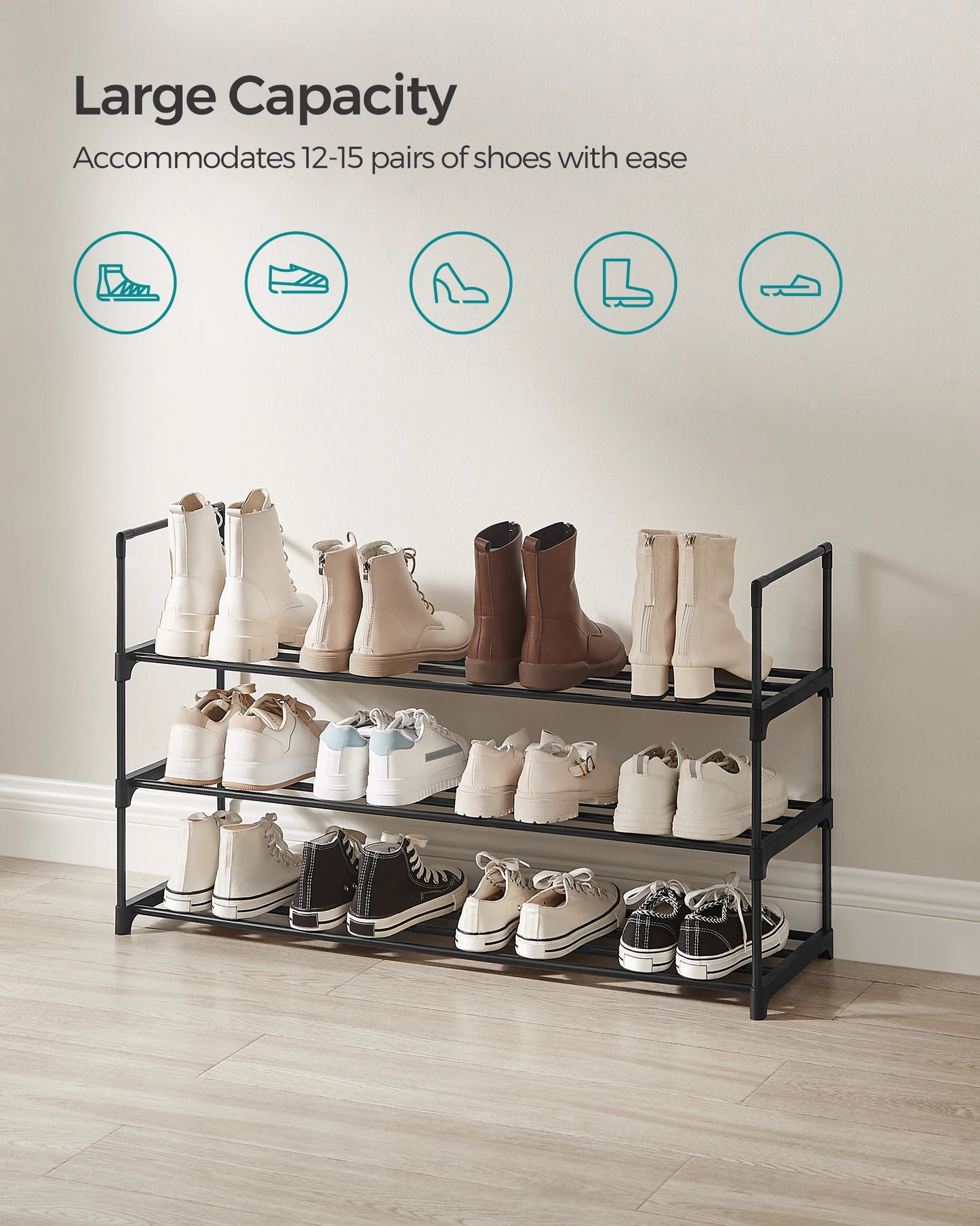 SONGMICS Shoe Rack, 3 Tier Shoe Organizer, Metal Shoe Storage Shelf for 15 Pairs of Shoes, Easy to Assemble, Entryway