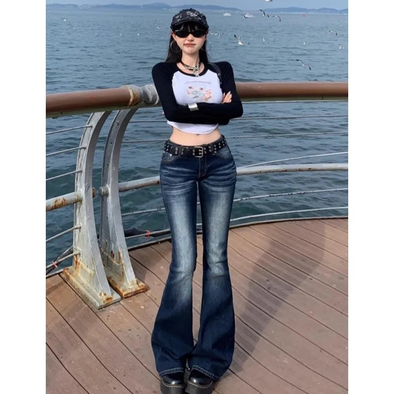 Y2K Slim Fit High Waist Casual Womens Jeans Retro Denim Pants Low Rise Flared Trousers Long Bootcut Drag Autumn for Women