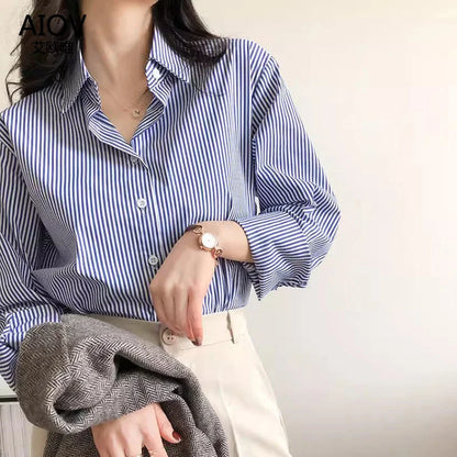Striped Women's Blouse With Lantern Sleeves And Stand Collar Polyester