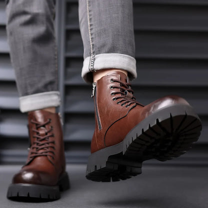 Mens Genuine Leather Motorcycle Boots Mid Calf With Thick Sole