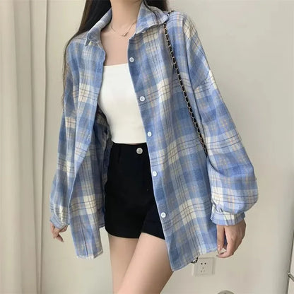 Women's Plaid Shirt Long Sleeve Autumn Loose Fit Single Breasted