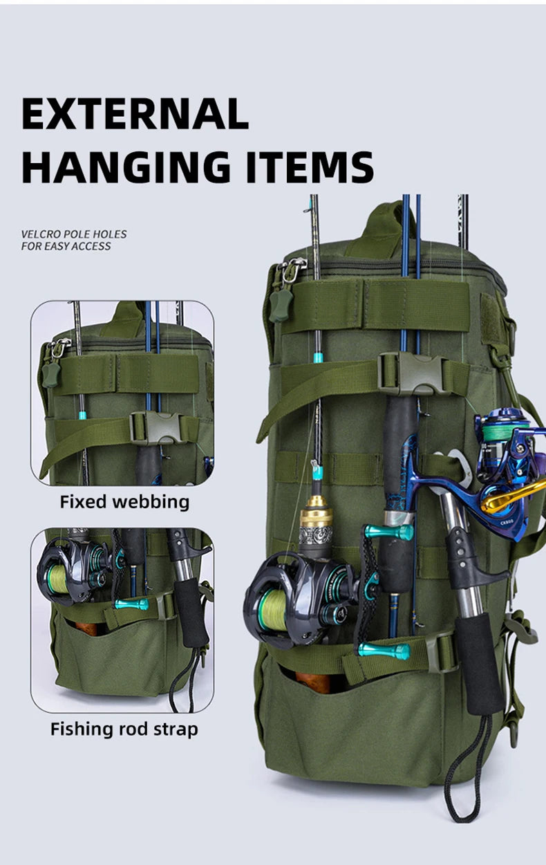 Tactical Fishing Backpack Tackle Bag with Rod Holders Fish Equipment Storage Molle Camping Hiking Outdoor Multifunctional Bag