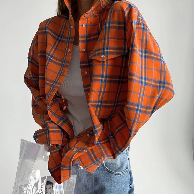 Oversized Plaid Shirt For Women Long Sleeve Button-Down Korean Style