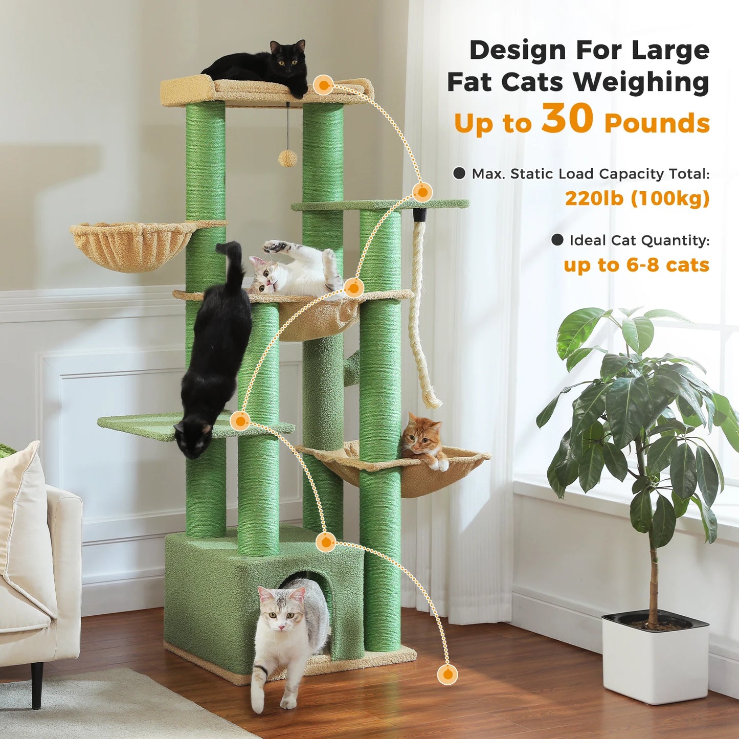 Multi-Level Cat Tree with Scratching Posts, Cozy Condo, Super Large Perch, Deep Hammocks, Tall Cat Tower for Indoor Adult Cats