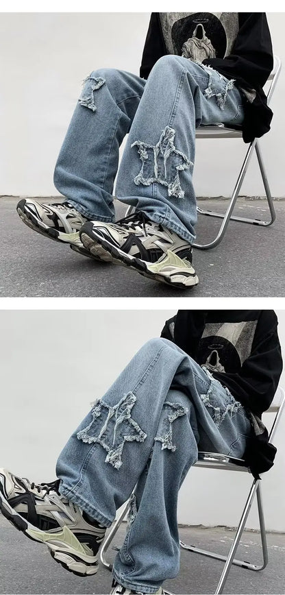 Men's Brown Cotton Jeans With Star Embroidery Straight Fit