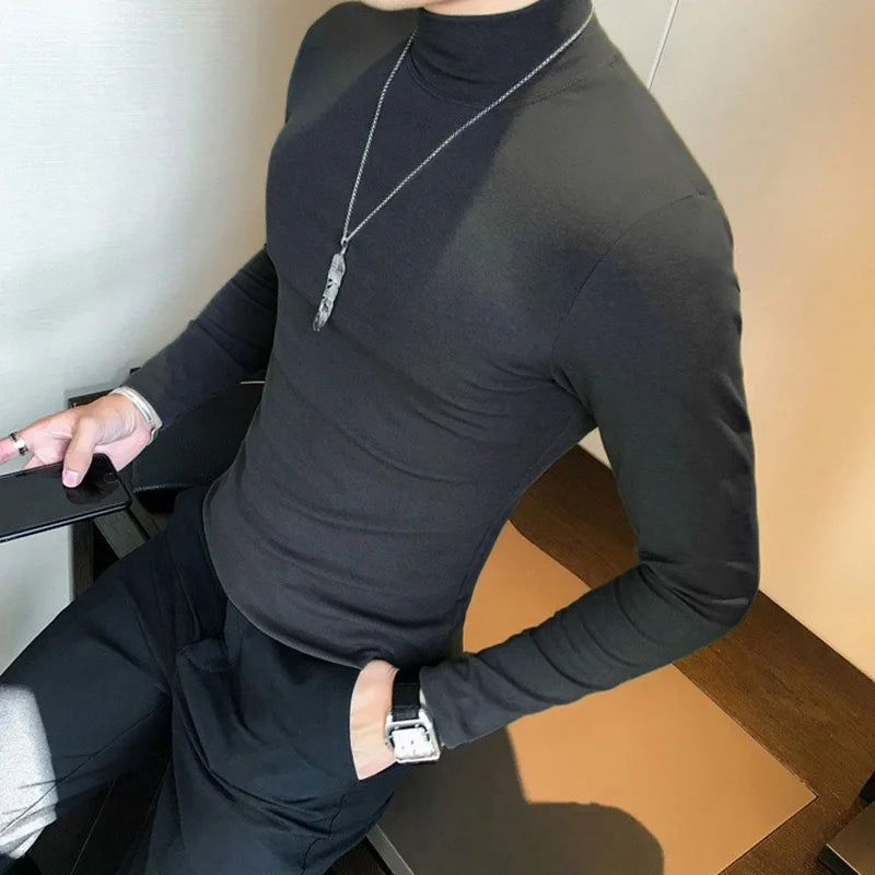 Spring New Men's Turtleneck T-shirt Long Sleeve Slim Fit Solid Color High Elastic Bottoming Pullovers Basic Style Male Tops