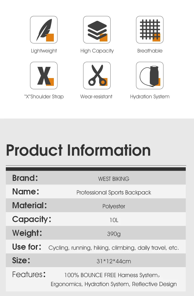 WEST BIKING 10L Ultralight Cycling Backpack Ergonomic Strap MTB Road Bicycle Bag With Water Bag Outdoor Hiking Climbing Bag