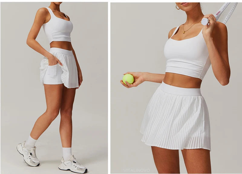 VITALINOVO Tennis Dress for Women 2 Pieces High Waisted Pleated Skirt Sets Racerback Padded Workout Crop Tank Tops Golf Workout